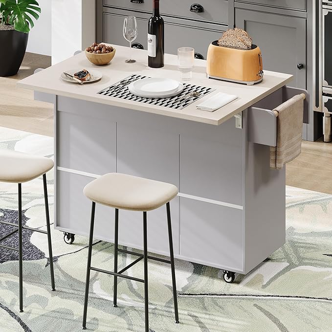 Ball & Cast Kitchen Island with Trash Can Storage Cabinet,Kitchen Cart W/Drop Leaf,Spice Rack,Towel Rack and Drawers,Rolling Kitchen Islands on Wheels W/Adjustable Shelf for Dining Room,Grey