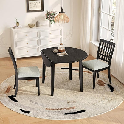 Merax 3-Piece Drop Leaf Round Dining Table Set for 2, Farmhouse Kitchen Table Set with Extendable Round Table and 2 Upholstered Chairs. Wood Table and Chairs Set for Dining Room, Living Room, Black