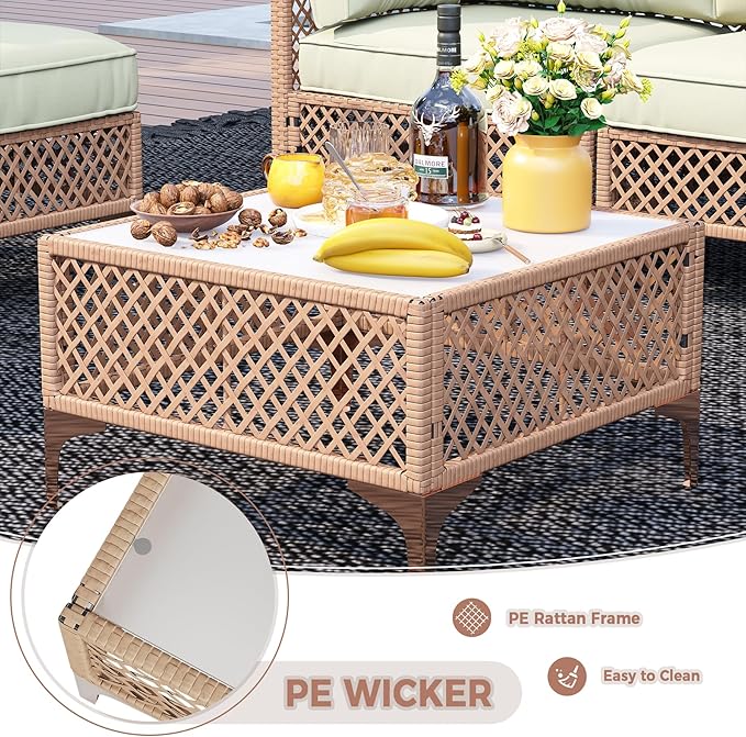 Outdoor Patio Furniture Set, Wicker Outdoor Sectional Set, Boho Patio Conversation Sectional Sofa with Large Tempered Glass Coffee Table and Waterproof Cushion (Large Size 7-Piece Patio Furniture)