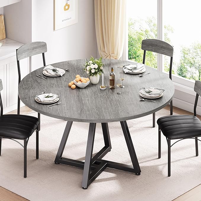 Jocoevol Round Kitchen Dining Room Table Circle Dining Dinner Table with Pedestal Metal Frame, Space Saving Wood Industrial Furniture for Small Space (Grey, 47IN)