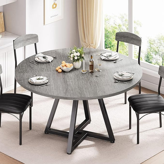 Jocoevol Round Kitchen Dining Room Table Circle Dining Dinner Table with Pedestal Metal Frame, Space Saving Wood Industrial Furniture for Small Space (Grey, 47IN)