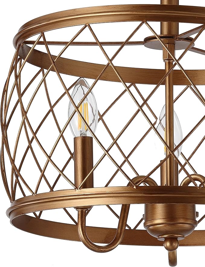 JONATHAN Y 15" Antiqued Gold LED Semi Flush Mount Ceiling Light, 3-Light Modern Industrial Drum Fixture for Bedroom Living Room Hallway, Gold Metal Cage Shade JYL9037A