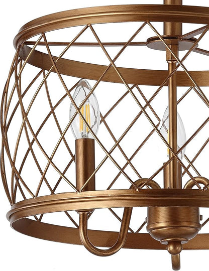 JONATHAN Y 15" Antiqued Gold LED Semi Flush Mount Ceiling Light, 3-Light Modern Industrial Drum Fixture for Bedroom Living Room Hallway, Gold Metal Cage Shade JYL9037A