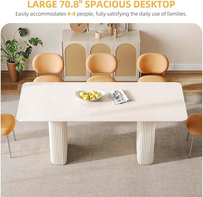 DWVO 70.8 Inch Dining Table for 6-8 People Modern Rectangular Kitchen Table Large Cream White Dinner Table with Solid Wave Curved Legs for Dining Room Kitchen Home Office Apartment, White