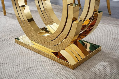Dining Table for 4 6 People,70" Modern Glass Kitchen Dining Room Table with Tempered Glass Top and Gold Geometric Stainless Steel Pedestal,Luxurious Rectangle Dinner Table for Kitchen, Dining Room