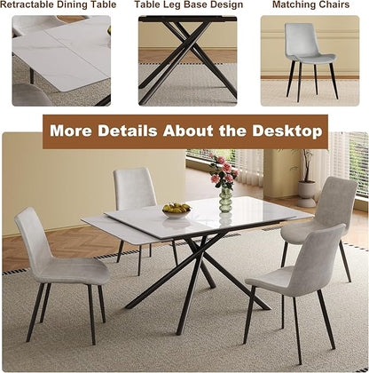 Runboll Extendable Rectangular Dining Table Set for 4, 47"-71" Modern Sintered Stone Kitchen Table with 4 Chairs and Carbon Steel Legs for Dining Room Family Gathering