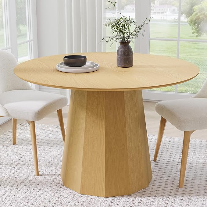 Casaphoria 46" Round Dining Table, Modern Wood Kitchen Table with Cone Shaped Strip Polygonal Base for Living Room & Dining Room, Easy Assembly Farmhouse Furniture for 4-6, Oak
