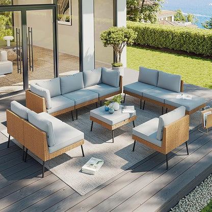 Aoxun 10 Piece Patio Furniture Set, 10 Seats Outdoor Sectional Sofas with Thick Cushion, Wicker Outdoor Patio Furniture Set with Ottomans for Party, Garden, Backyard, Grey