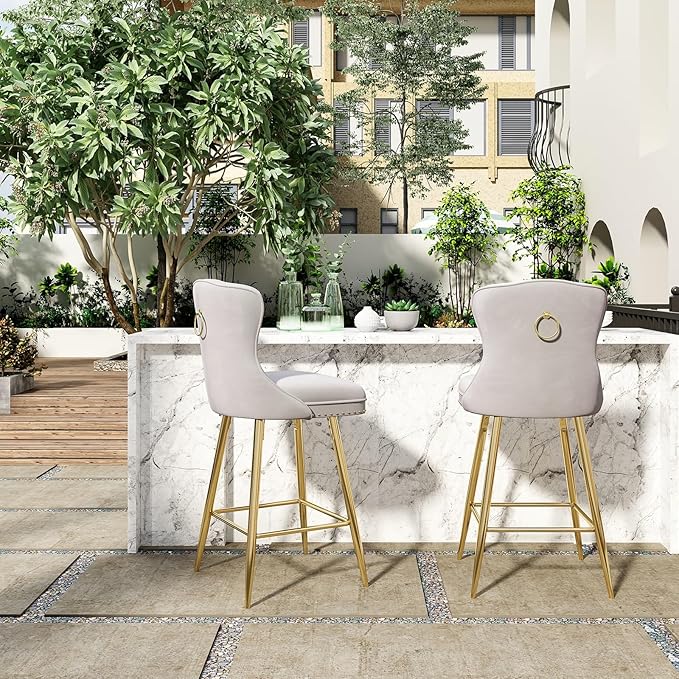 Luxurious Velvet Counter Height Bar Stools Set of 2 with Metal Legs, Button Tufted, Nailheads Trim, Wing-Back Bar Chairs for Kitchen Island Dining Room Pub(Gray)