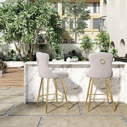 Luxurious Velvet Counter Height Bar Stools Set of 2 with Metal Legs, Button Tufted, Nailheads Trim, Wing-Back Bar Chairs for Kitchen Island Dining Room Pub(Gray)