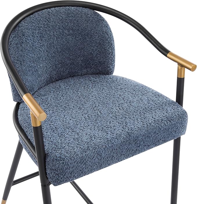 Set of 2 Upholstered Counter Stools - 26" Seat Height Navy Blue Boucle Stools with Sturdy Iron Frame, Gold Trim+Black Base, Contemporary Design for Kitchen Island/Home Bar/Dining Area