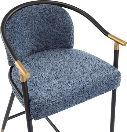 Set of 2 Upholstered Counter Stools - 26" Seat Height Navy Blue Boucle Stools with Sturdy Iron Frame, Gold Trim+Black Base, Contemporary Design for Kitchen Island/Home Bar/Dining Area