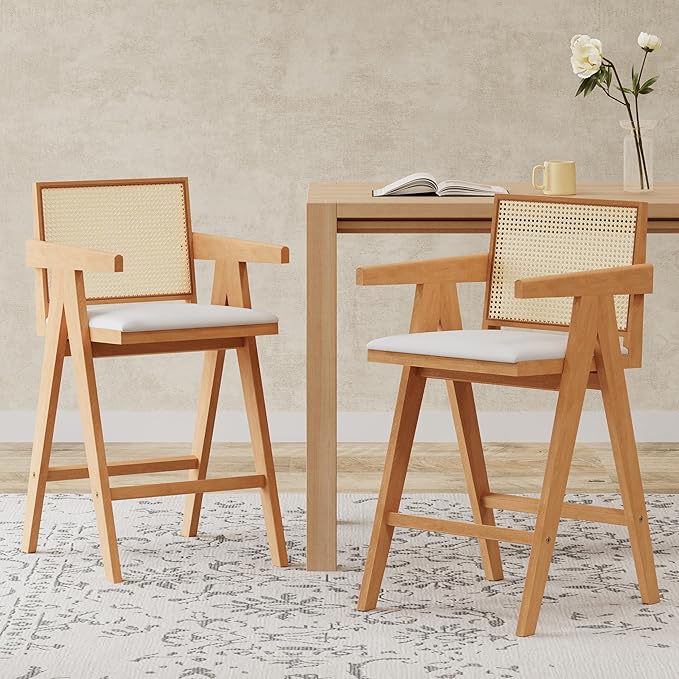Modern Dining Chairs,Sturdy Rubberwood Frame with Woven Cane Backrest,Set of 2,Stylish Simple Natural Design,Applicable To Front Porch,Outdoor Lounge,Kitchen Island Bar Stools,Versatile Use,NaturalCre