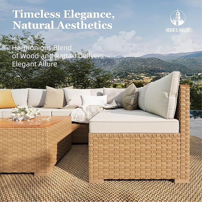 HERA'S HOUSE Patio Furniture Set with Fire Pit Table, 8 Pieces 6 Seats Wicker Outdoor Sectional Sets,Yellow Rattan Conversation Set with Sofa and Table for Backyard, l Shape Balcony Couch
