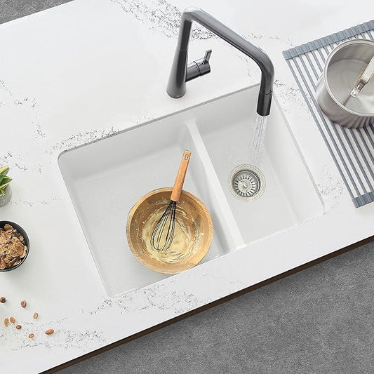 Stylish 27.25 x 18.75 Inch Drop In or Undermount Kitchen Sink Double Bowl Workstation 9.5 Inches Deep Granite Composite Kitchen Sinks with Regular Strainers White, S-827H