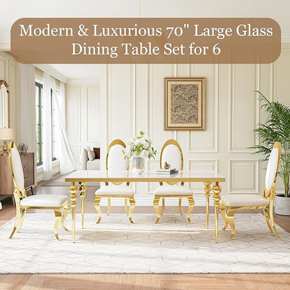 Glass Dining Table Set for 6 with 70" Rectangular White Glass Kitchen Table, 7 Piece Dining Room Set with 6 White Oval Back Upholstered Chairs for Living Room, Restaurant