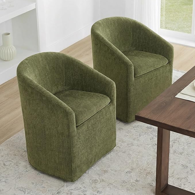 KISLOT Upholstered Dining Chairs Set of 4 with Casters, Modern Side Barrel Armchair with Washable Slipcover & Sturdy Metal Frame for Diningroom Bedroom Livingroom Reading Room, Green Fabric