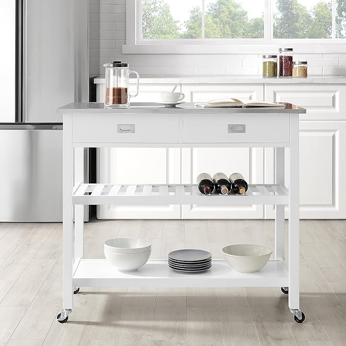 Crosley Furniture Chloe Stainless Steel Top Rolling Kitchen Island Storage Cart, Microwave Stand, Wine Rack, White