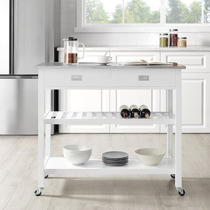 Crosley Furniture Chloe Stainless Steel Top Rolling Kitchen Island Storage Cart, Microwave Stand, Wine Rack, White