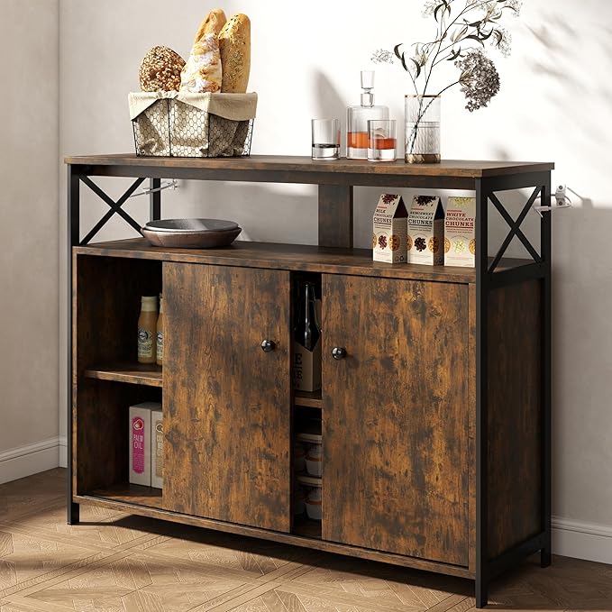 MWOOD Buffet Sideboard Cabinet with Storage, Farmhouse Sideboard Kitchen Buffet TV Console with Sliding Door and Open Shelves for Living Room Entryway, Rustic Brown, 39.4" W x 13" D x 31.5" H