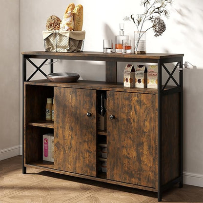 MWOOD Buffet Sideboard Cabinet with Storage, Farmhouse Sideboard Kitchen Buffet TV Console with Sliding Door and Open Shelves for Living Room Entryway, Rustic Brown, 39.4" W x 13" D x 31.5" H