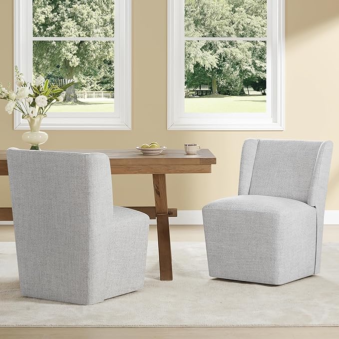 KISLOT Upholstered Dining Chairs Set of 1 with Casters, Wingback Modern Side Armless Deskchair with Rollers for Diningroom Bedroom Livingroom Reading Room, Light Grey Fabric