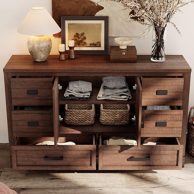 WAMPAT 54" W Large Sideboard Buffet Cabinet with Storage,Wood Farmhouse Sideboard Table with Barn Doors and Drawers for Kitchen,Dining Room,Coffee Bar,Dark Brown