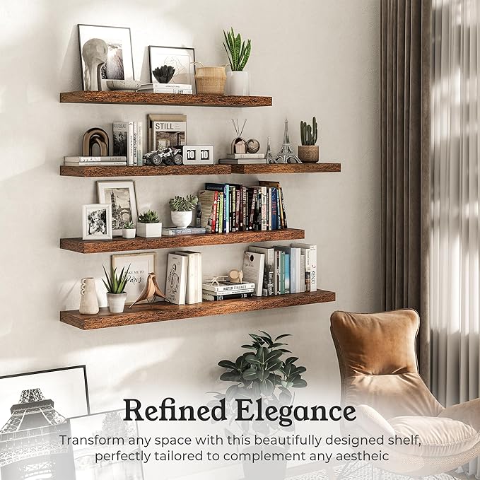 Floating Shelves for Wall, 9.3" Deep Wall Mounted Wood Shelves for Bathroom, Bedroom, Living Room, Kitchen, Hanging Shelf for Books/Storage/Room Decor (Brown, 36")