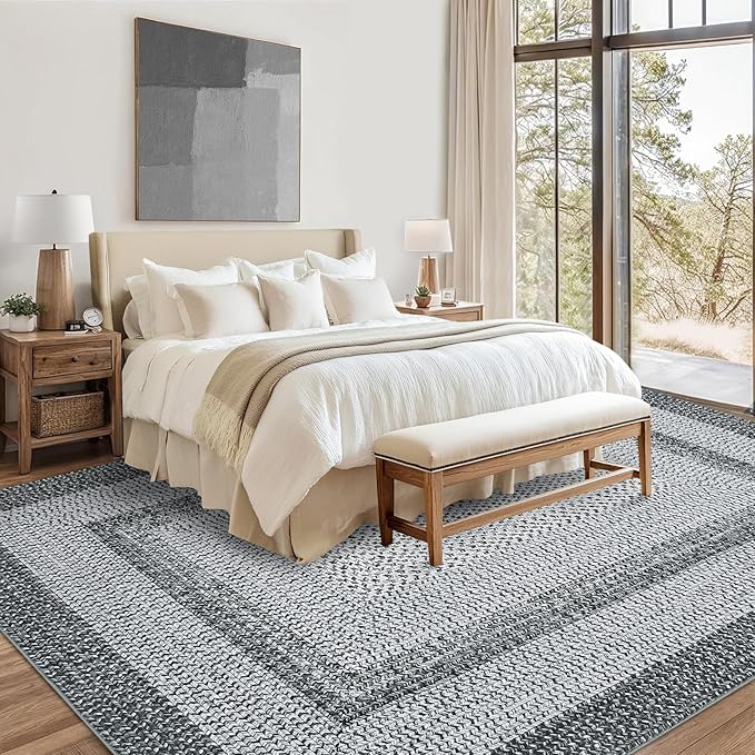 Printed Washable Area Rugs 9x12 Living Room Rug Modern Rugs for Bedroom Blue Rug Geometric Soft Large Area Rug Non Slip Throw Rugs Stain Resistant Carpet for Nursery Dining Room 9'x12' Grey