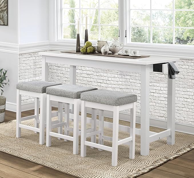 Lexicon 4-Piece Counter Height Table with 3 Stools, Wood Kitchen Counter Table Set with 2 Built-in USB Ports, 2 Charging A/C Power Outlets, Console Drawer, Upholstered Bar Stools, White