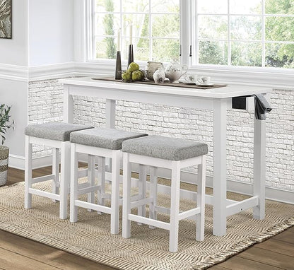 Lexicon 4-Piece Counter Height Table with 3 Stools, Wood Kitchen Counter Table Set with 2 Built-in USB Ports, 2 Charging A/C Power Outlets, Console Drawer, Upholstered Bar Stools, White