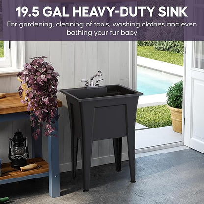 24” Utility Sinks for Laundry Room, Garage, Garden, Basement – Noah William Home Indoor and Outdoor Polypropylene Basement Wash Tub - No Faucet Included (Black)