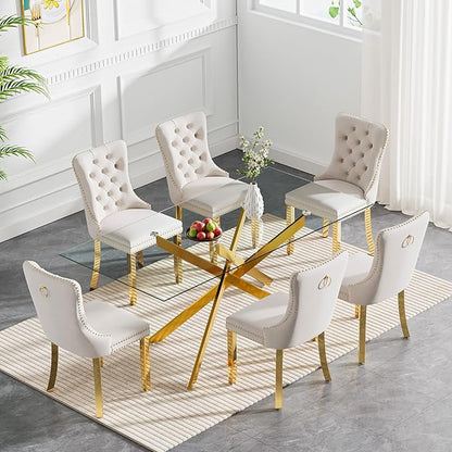 61" Glass Dining Table for 6, Modern Kitchen Dining Room Table with Rectangular Tempered Glass Top and X Metal Legs, Large Gold Glass Dinner Table for Kitchen