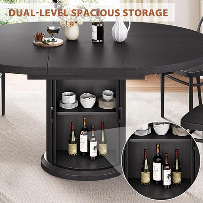 Jocoevol 47″–63″ Extendable Round Dining Table for 4–8 with Dust-Proof 2-Tier Storage Shelf Space Saving Expandable Wood Oval Circle Dinner Furniture with Pedestal Base (Black)