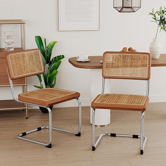 Alunaune Modern Mid Century Dining Chairs Set of 2, Upholstered Natural Rattan Kitchen Chairs Accent Chair, Armless Side Chairs with Metal Chrome Legs for Bedroom Living Room-Brown