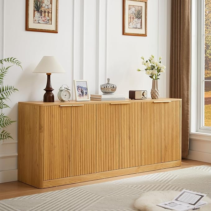 Ball & Cast 67" Modern Fluted Sideboard Buffet Cabinet with Storage,Curved Design Kitchen Coffee Bar Cabinet with 6 Doors & Shelves,Wood Credenza Cabinets Media Console for Living Room,Natural