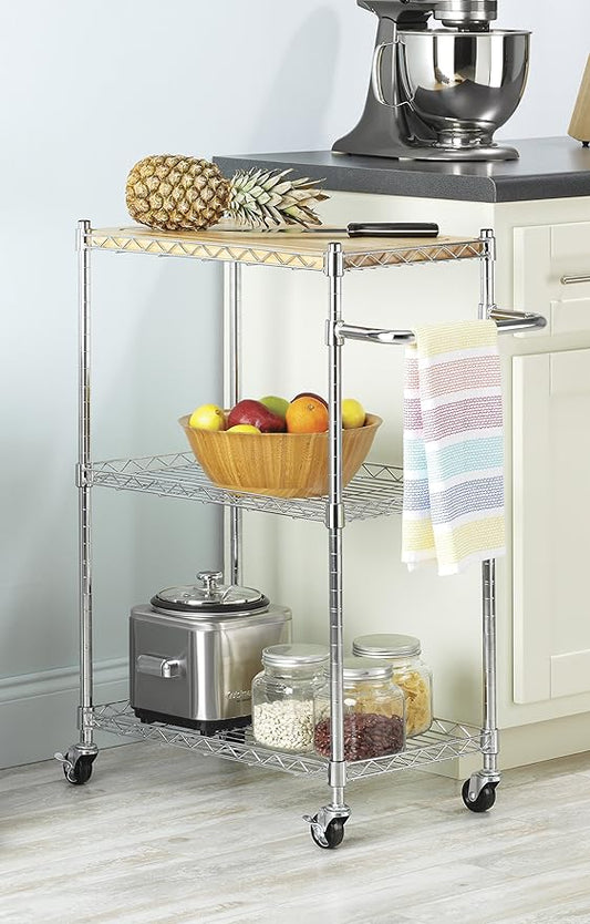 Whitmor Supreme Kitchen and Microwave Cart Wood & Chrome 13.25 x 27.5 x 33.5 inches