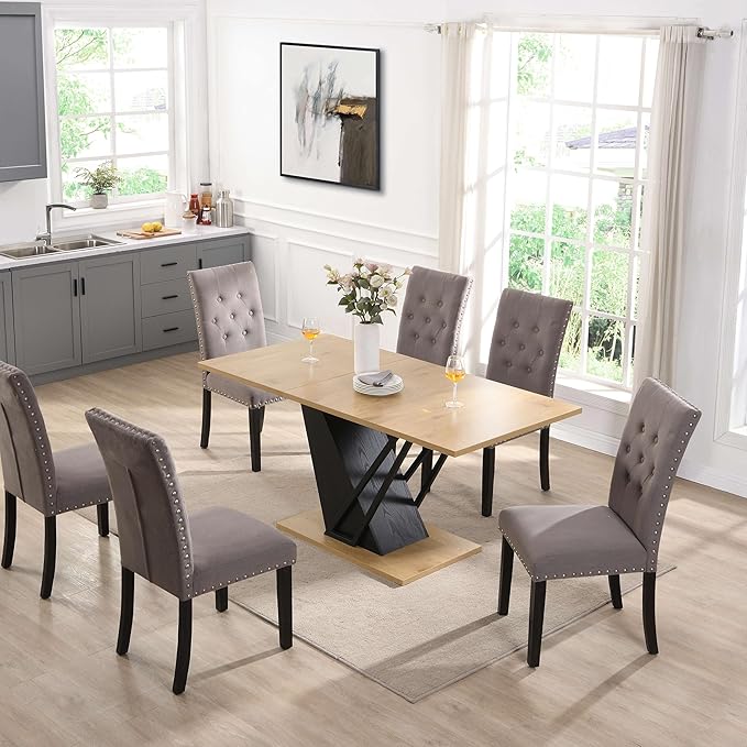 62" Extendable Island Table, Rustic Dining Table with Metal Frame, Mid Century Dining Table with MDF Top for Kitchen Dining Office, Black+Natural