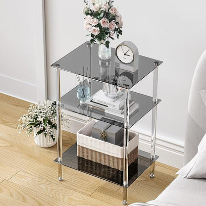 Tempered Glass Side Table, Acrylic End Table, 3-Tier Transparent Nightstand, Clear Coffee Table, for Small Spaces Living Room Bedroom Balcony Black LET519BK