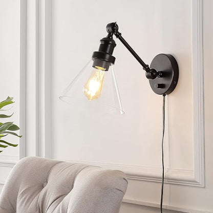 JONATHAN Y 8" Oil Rubbed Bronze Adjustable LED Wall Sconce, Plug-in Wall Lamp with Dimmer Switch, Clear Glass Shade for Bedroom Living Room Kitchen, LED Bulb Included JYL7575A