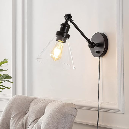 JONATHAN Y 8" Oil Rubbed Bronze Adjustable LED Wall Sconce, Plug-in Wall Lamp with Dimmer Switch, Clear Glass Shade for Bedroom Living Room Kitchen, LED Bulb Included JYL7575A