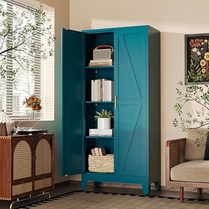 61" H Blue Metal Pantry Cabinet with Doors,Freestanding Kitchen Pantry Cabinet,Farmhouse Food Storage Cabinets,Tall and Large Pantry Cabinets for Kitchen, Dining Room, Living Room