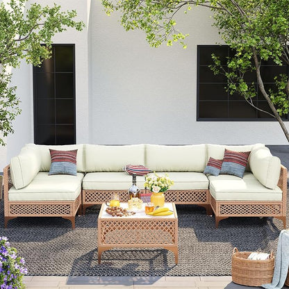 Outdoor Patio Furniture Set, Wicker Outdoor Sectional Set, Boho Patio Conversation Sectional Sofa with Large Tempered Glass Coffee Table and Waterproof Cushion (Large Size 7-Piece Patio Furniture)