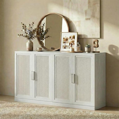 Casaphoria Adam Sideboard Buffet Cabinet with Storage, Sideboard Cabinet with Rattan Doors & Adjustable Shelves, 62" W x 36" H Coffee Bar for Entryway Kitchen Living Room, White