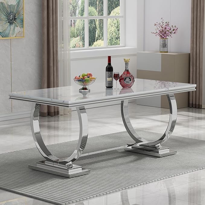 68" White Silver Marble Dining Table, Modern Kitchen Table with 0.79" Faux Marble Tabletop and Mirrored Stainless Steel Frame, Luxurious Rectangular Dining Room Table for Kitchen(No Chairs)