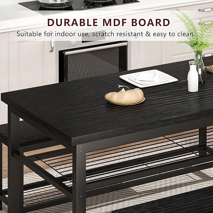 AWQM 43.3" Dining Table Set for 4, Kitchen Dining Table with 2 Benches, Dining Room Table Set with Metal Frame & Storage Rack for Kitchen, Restaurant, Black