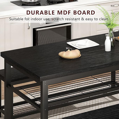 AWQM 43.3" Dining Table Set for 4, Kitchen Dining Table with 2 Benches, Dining Room Table Set with Metal Frame & Storage Rack for Kitchen, Restaurant, Black