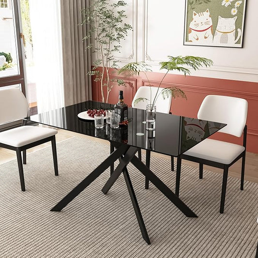 51.18" Rectangular Glass Dining Table, Tempered Glass Kitchen Tabe with Metal Legs, Stylish and Sturdy Dinner Table for Home and Outdoor Dining (Full Black, 51.18'')