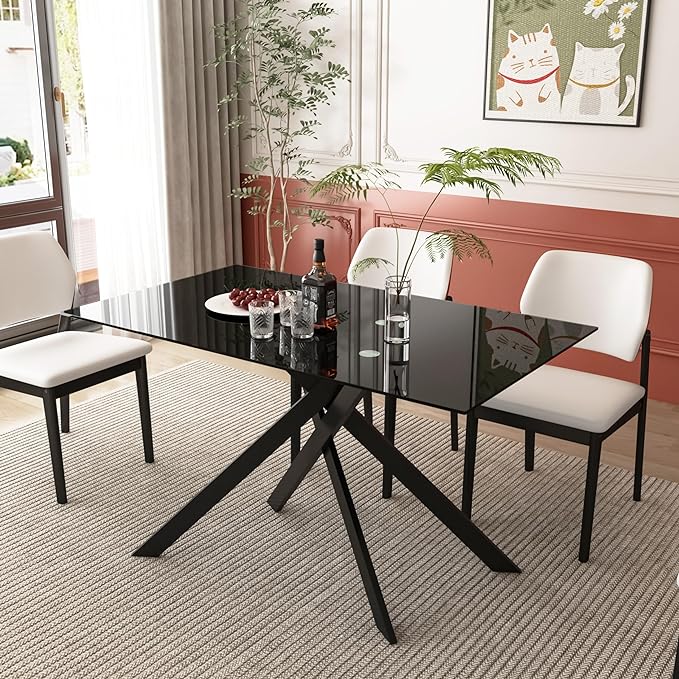 51.2" Black Glass Dining Table, Modern Kitchen Table for 4-6 People, Contemporary Rectangular Dining Room Dinner Tables with Black Glass Top & Black Metal X Legs for Kitchen Apartment