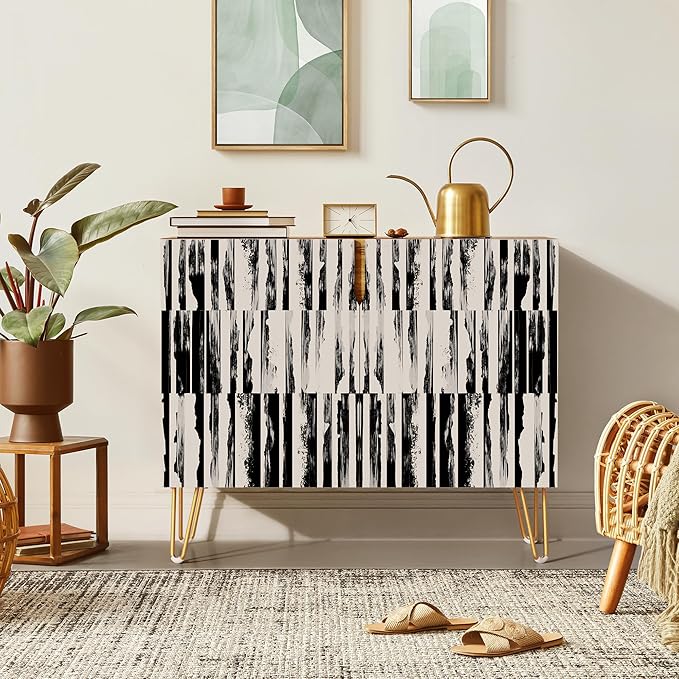SIGNWIN Sideboard Buffet Cabinet, Kitchen Storage Cabinet with 2 Doors, Black & Gray Grunge Line Patterns, Cupboard Console Table for Dining Room - 35" L x 18" W x 29" H